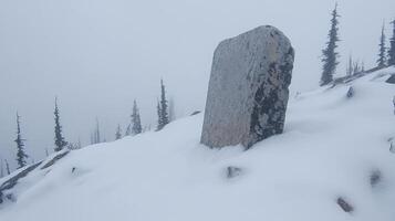A snowy mountain landscape with a large rock and evergreen trees shrouded in fog and mist scenery photo