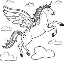 Doodle-style flying pegasus among clouds with light whimsical lines, charming sketch style for dreamy sky-themed art vector
