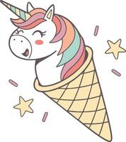Playful unicorn ice cream cone with candy hues, fun fusion design featuring unicorn face and horn for food-themed art vector
