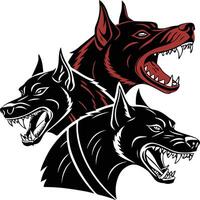 Three-headed Cerberus dog in horror design with bold lines and shadow depth, red and black tone fantasy creature for dark themes vector