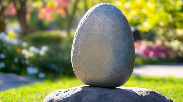 A stone with a carved design sitting on another stone in a garden with green grass and flowers photo