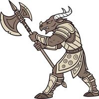 Cartoon-style minotaur warrior holding axe, strong pose with armor in fantasy RPG theme, isolated myth hero for game use vector
