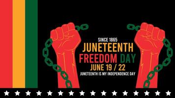 Large hand holding a raised chain against a Juneteenth themed background. Symbol of freedom and justice. Copy space included for a title, message or branding. vector