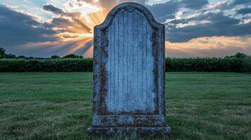 A weathered tombstone stands in a grassy field against a dramatic sunset with sun rays shining through photo
