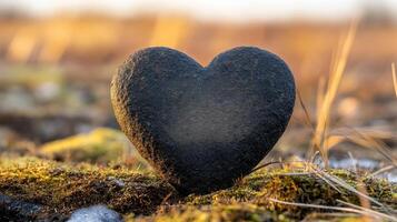 Heart shaped rock with intricate design sitting on mossy ground in a blurred outdoor setting photo