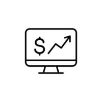 A simple icon depicting financial growth, showing a rising graph and dollar sign on a computer screen. vector