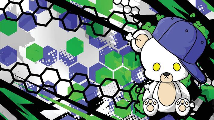 a cartoon bear wearing a hat and a blue and green background