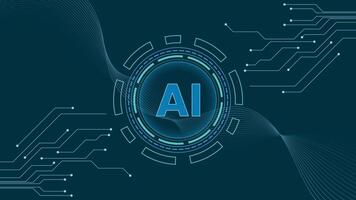 Modern AI background featuring a glowing circular tech interface and circuit lines on dark blue, perfect for themes related to artificial intelligence, data, and computing vector