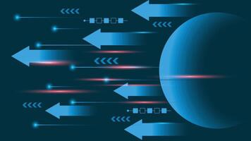 Dynamic technology background featuring glowing blue arrows, motion blur effects, and digital circuit elements, ideal for themes of speed, innovation, or data transmission vector