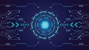 High tech background featuring a glowing circular interface and circuit lines on dark blue, ideal for digital, data, AI, or cyber themes in presentations and tech projects vector