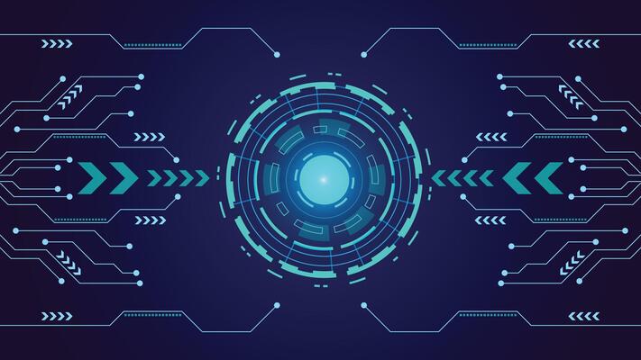 High tech background featuring a glowing circular interface and circuit lines on dark blue, ideal for digital, data, AI, or cyber themes in presentations and tech projects