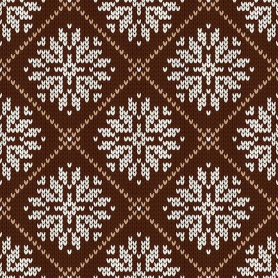 Scandinavian knitted seamless pattern. Norwegian native style sweater. Wool texture. Winter holiday brown background, illustration with snowflakes.