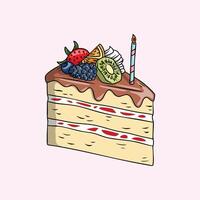 Slice of birthday cake with fruits and candle vector