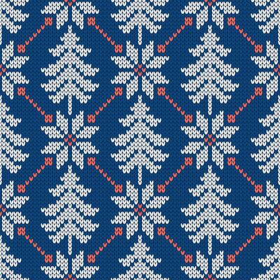 Winter traditional knitted pattern. Scandinavian style sweater. Seamless wool texture, illustration with snowflakes and Christmas trees, holiday background.