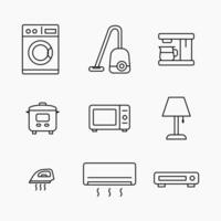 Minimal outline icon set showing common household electrical appliances including washer, microwave, coffee maker and more vector