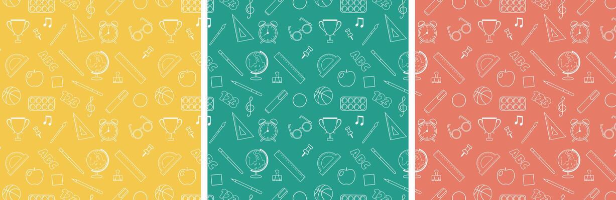 Back to school. Collection of seamless repeating patterns in line style. illustration.