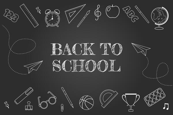 Back to school. Text on school board with chalk drawn school supplies. illustration.