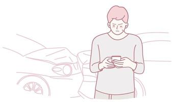 Man Texting Near Vehicles Common Everyday Moments of Distracted Interaction and Activity vector
