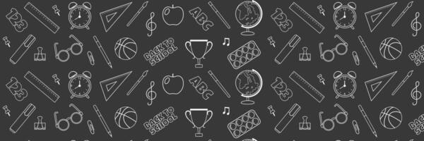 Seamless repeating pattern of school supplies on dark background. Chalk drawings on school board. vector
