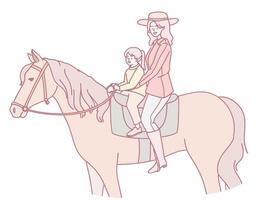 A Mother and her Child Joyfully Riding a Horse Together, Creating a Heartwarming Bonding Experience vector