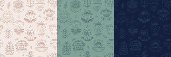 seamless linear minimalistic patterns. Geometric floral repeatable backgrounds. Folkloric motifs various color combinations. vector