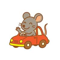 A cute mouse driving a red car and waving hello vector
