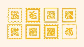 hand drawn elements, abstract floral vacation motifs, summer-themed cut out illustrations with mosaic tropical borders and naive decorative frames vector