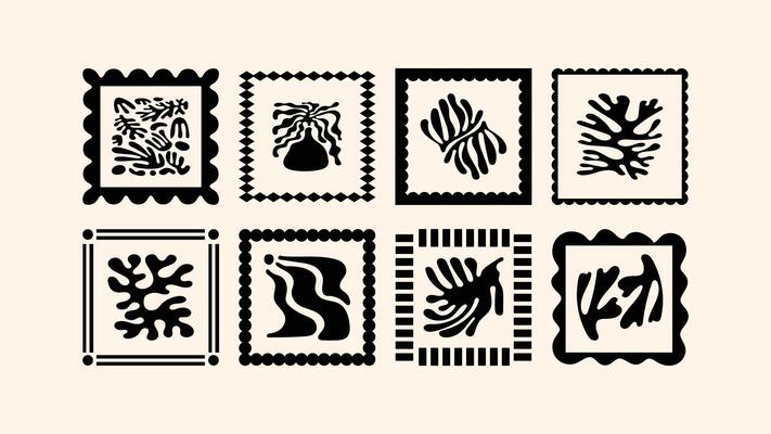 Naive graphics, summer and holiday theme, floral frames and borders in simple hand drawn cut out style with mosaic illustrations