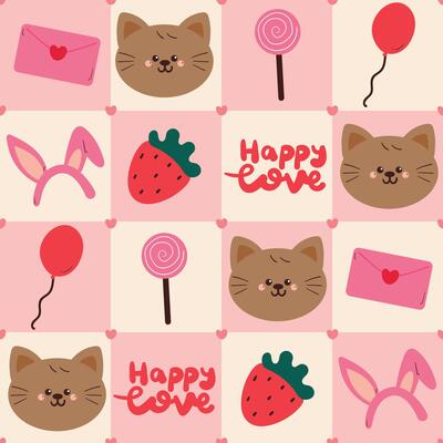 seamless pattern cute cartoon cat with cute valentine stuffs in pink patchwork style. cute drawing for wallpaper and gift wrap paper