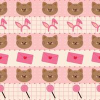cute drawing cartoon cat and strawberry seamless pattern in stripe pattern design vector