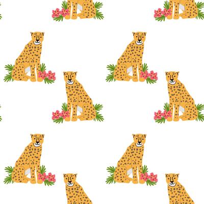 Vibrant cheetahs with tropical flowers and leaves pattern for decorative design