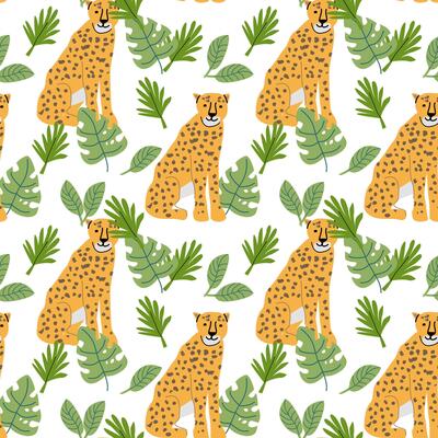 Tropical animal pattern with cheetahs and greenery for textile and wallpaper design