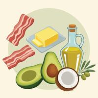 Healthy Food Ingredients with Avocado, Bacon, Butter, and Oil Illustration vector