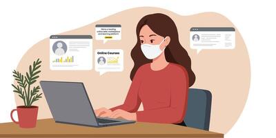 Online Learning and Remote Education with Masked Woman Using Laptop vector