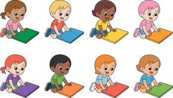 Diverse group of cartoon children playing with colorful blocks or tablets vector