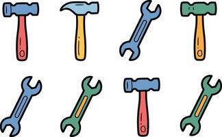 Hand drawn tools set cartoon style hammers and wrenches illustration vector