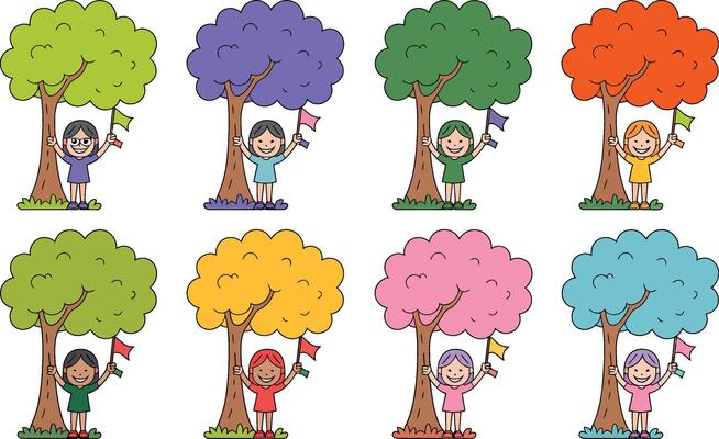 Cheerful girls holding flags beside trees with varied colorful foliage illustration