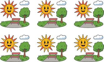 Cartoon park scene seamless pattern with smiling sun tree and bench vector