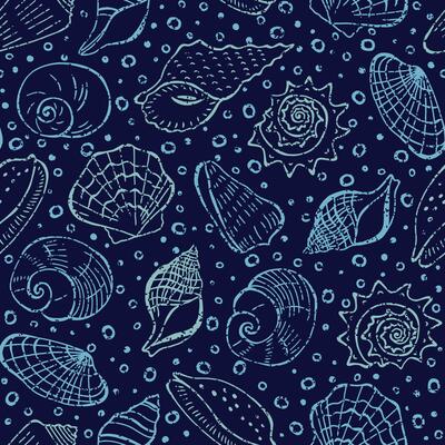 Shells seamless pattern. Hand drawn seashells on blue background with scratchs