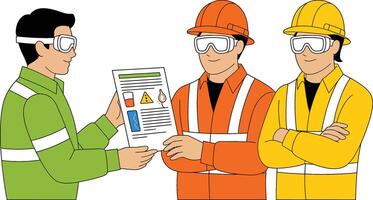 Construction workers reviewing safety documents in a meeting wearing safety gears vector