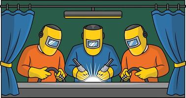 Cartoon illustration of three welders welding metal in a workshop booth vector
