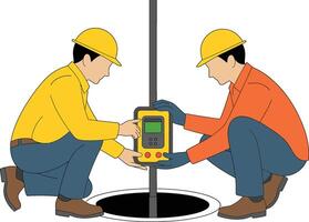 Two workers measuring gas levels in manhole with safety equipment vector