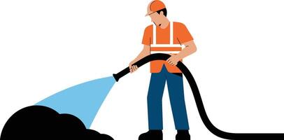 Construction worker cleaning with water hose illustration on white background vector