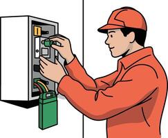 Electrician installing fuse box components in industrial setting illustration vector