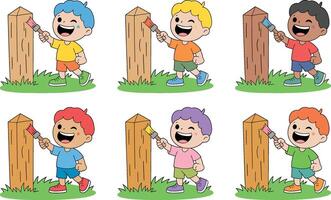 Diverse group of cartoon boys painting a wooden fence with paintbrushes vector