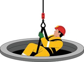 Manhole worker being lifted out of the hole with rope and harness vector