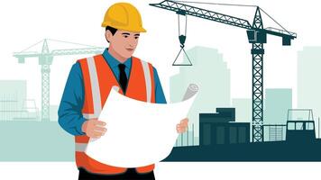 Construction worker reviewing blueprints at a building site with cranes vector