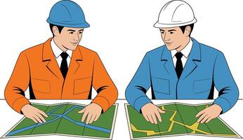 Two engineers examining site plan designs wearing hard hats and work suits vector