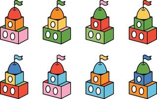 Colorful block castle set illustration different configurations on white background vector