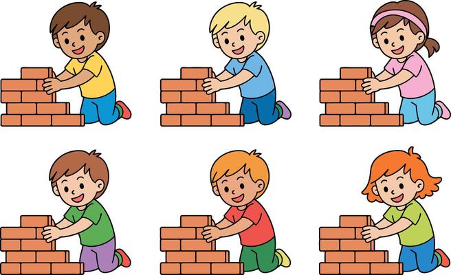 Diverse cartoon children building brick walls construction project teamwork concept